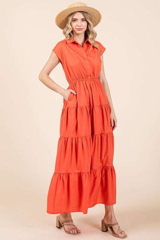 Orange Button Up Collared Tiered Maxi Shirt Resort Dress