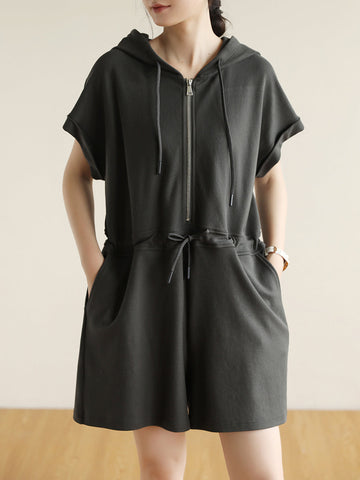 Women Summer Casual Solid Drawstring Cotton Hooded Jumpsuits