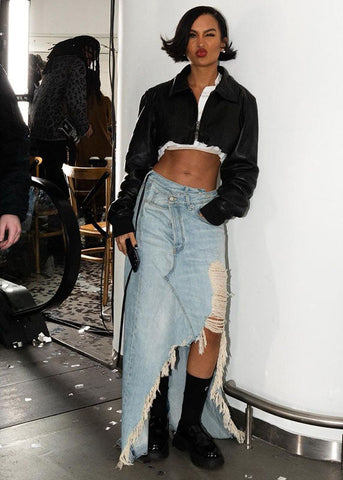 Stylish Blue Pockets Asymmetrical Patchwork Ripped Denim Skirt Summer