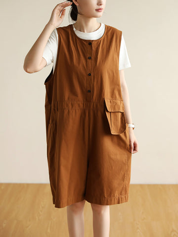 Women Summer Solid Retro Pocket Button Vest Short Jumpsuits