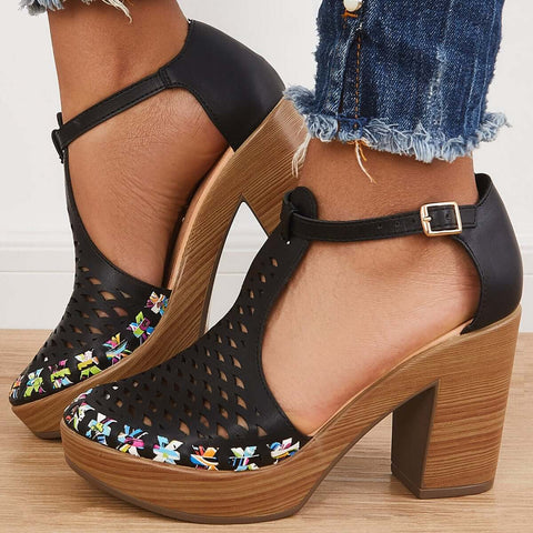 Platform Block Chunky High Heels Ankle T-Strap Cutout Sandals