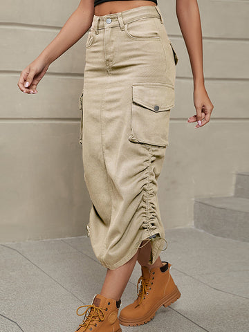 Khaki Buttoned Drawstring Pockets Solid Color Split-Side A-Line Skirts Bottoms