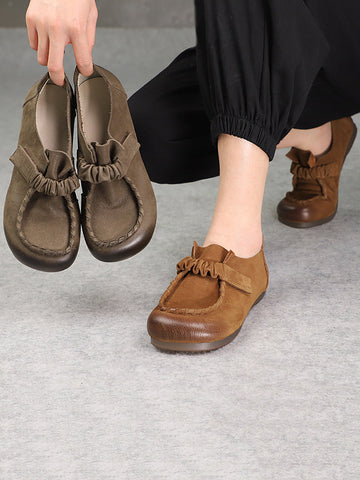 Women Genuine Leather Elastic Spliced Flat Shoes