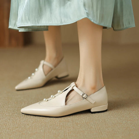 - Plus Size 41 42 43 Spring Autumn New Pointed Toe Pearls T-strap Buckle Mary Jane Shoes Women's Comfortable Flats Loafers Shoes