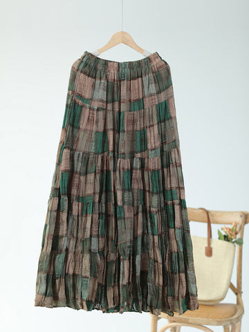 Women Bohemian Pleat Spliced Colorblock Layered Skirt