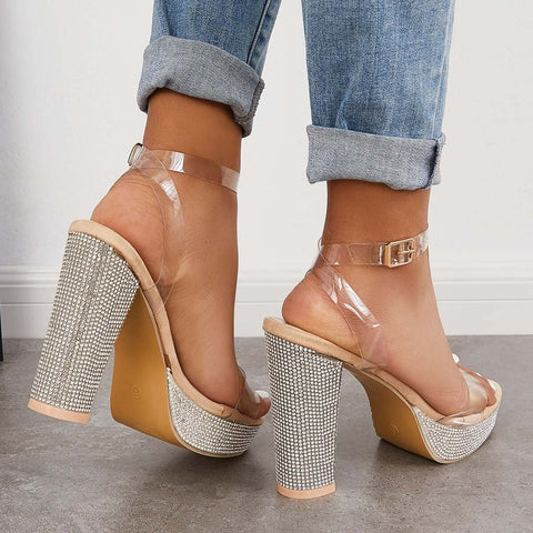 Rhinestone Chunky Block High Heels Ankle Strap Sandals