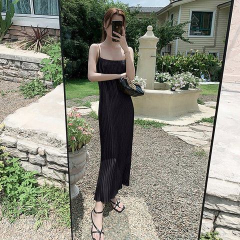 Spaghetti Strap Pleated Satin Dress Loose Casual Sexy Korean Party Dress Long Midi Dress Straight Slash Neck Summer Dress
