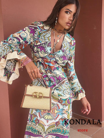 Vintage Blumendruck V-Ausschnitt Lockeres Langes Kleid Frauen Blütenblatt Ärmel Rüschen Fashionn Kleid Boho Elegante Vestidos