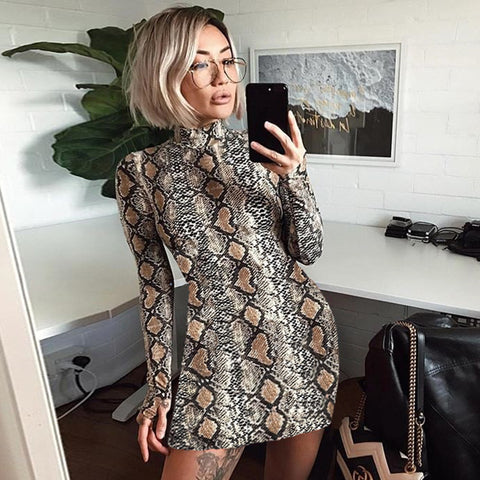 Snake print sexy women winter dress elegant Turtleneck long sleeve bodycon dress Evening club short party dress