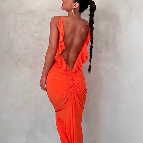 Gespleißtes langes Kleid mit Holzohrkante, offenem Rücken, V-Ausschnitt, engem Wickelkleid mit Hüftgurt, sexy, plissiertes Temperament, langes Kleid