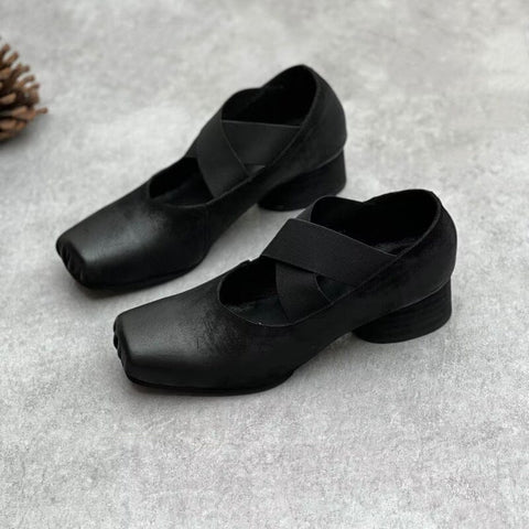 Women Retro Leather Chunky Heel Casual Shoes