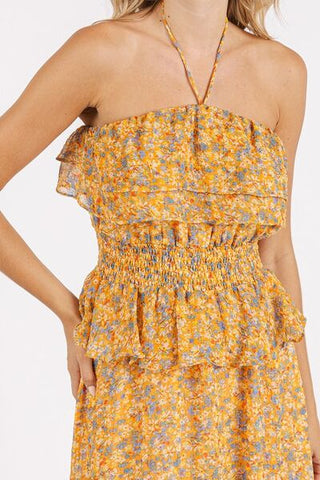 Tangerine Ruffled Floral Halter Neck Maxi Summer Dress