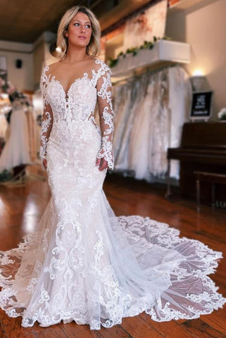 Long Sleeves Lace Wedding Dress Mermaid Overskirt On Sale