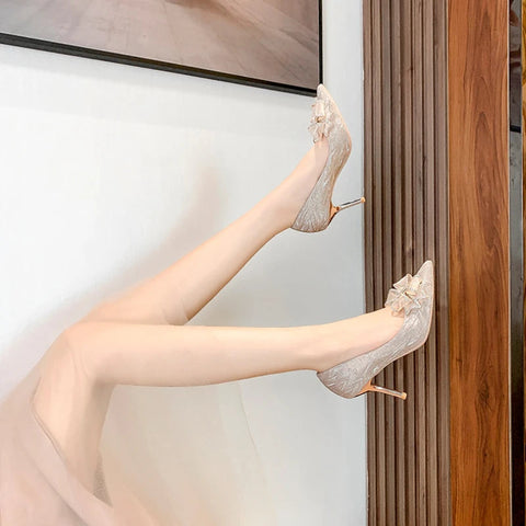 2024 summer new fairy wind high heels women fashion thin heels bow wedding bride shoes all matching pointy single shoes 6cm 8cm