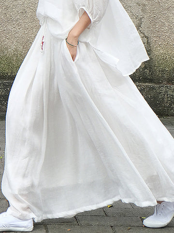 Women  Summer Casual Solid Pleat Drawstring Loose Shirt+Skirt