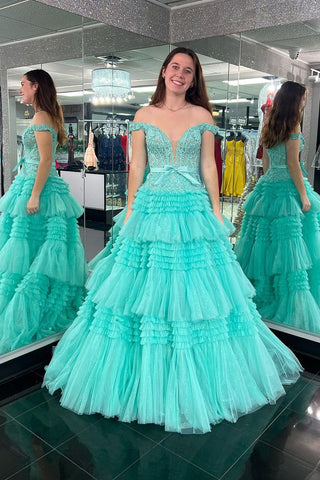 A Line Off the Shoulder Light Pink Long Prom Dress with Ruffles