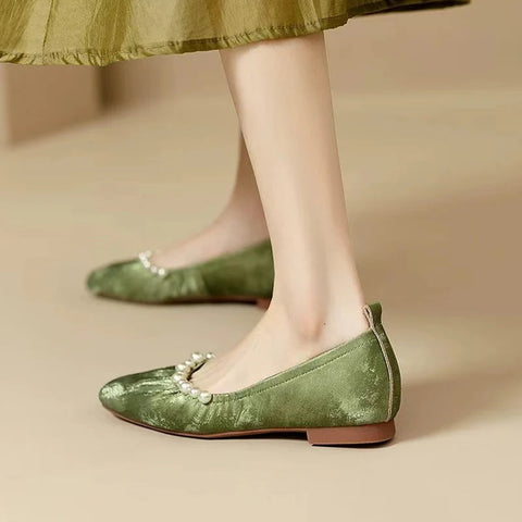 Women Bead Square Toe Flats Shoes Shallow Elegant Ballet Dance Soft Sole Shoes 2024 Autumn Dress Party Shoes Comfort Zapatos