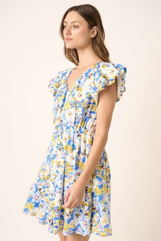 Floral V-Neck Cap Sleeve Summer Mini Dress