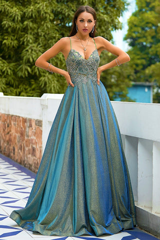 Grey Glitter Spaghetti Straps Long Prom Dress