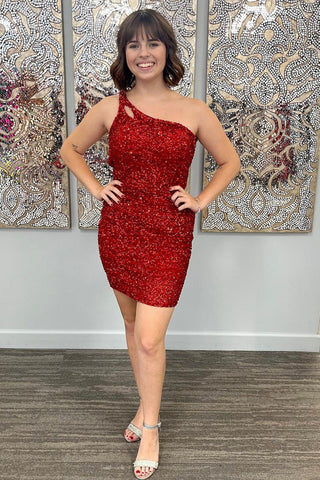 Sparkly Bodycon One Shoulder Dark Purple Sequins Short Homecoming Dress with Keyhole