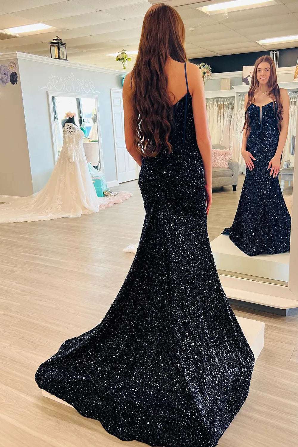 Red Spaghetti Straps Sequins Mermaid Long Corset Prom Dress with Slit