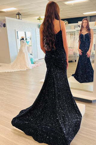 Red Spaghetti Straps Sequins Mermaid Long Corset Prom Dress with Slit