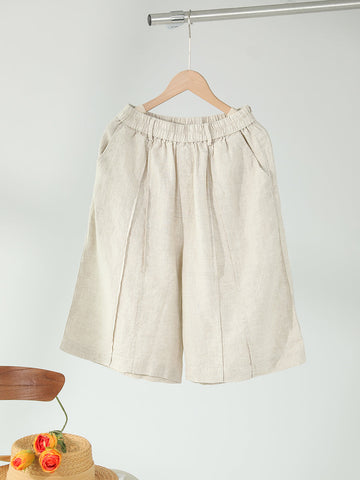 Women Summer Casual Solid Stitching Straight-leg Linen Pants
