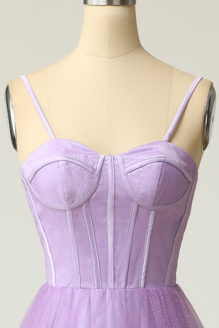 A Line Spaghetti Straps Light Purple Long Prom Dress
