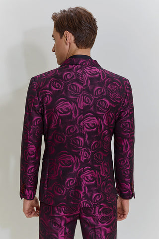 Fuchsiafarbener, floraler Jacquard-Ballanzug für Herren, 3-teilig