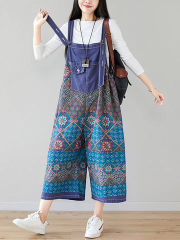 Women Ethnic Print Pocket Button Loose Wide-leg Jumpsuits