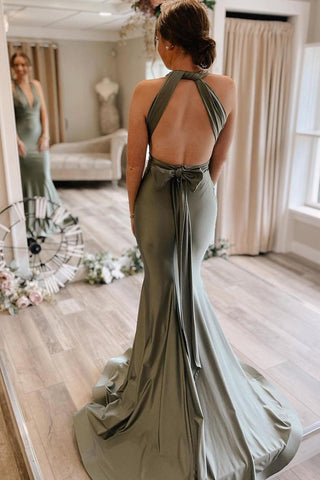 Mermaid Deep V Neck Light Green Long Bridesmaid Dress with Open Back