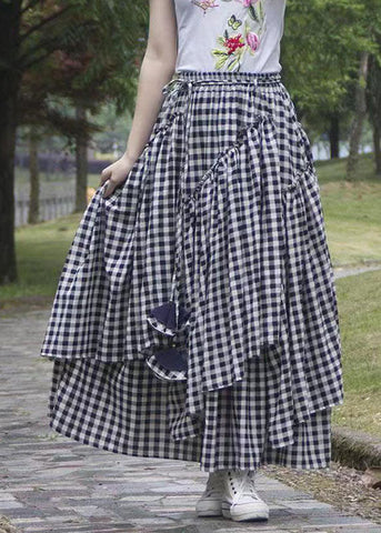 Art Black White Plaid Ruffled Patchwork Tie Waist A Line Skirt Summer