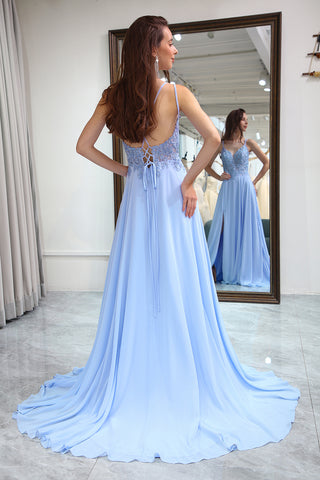 Chraming A Line Spaghetti Straps Blue Long Prom Dress with Split Front