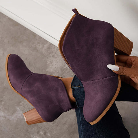 Retro Western V Cut Ankle Boots Slip On Chunky Stacked Heel Booties