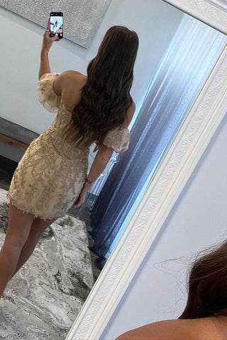 Stylish Sheath Sweetheart Champagne Corset Homecoming Dress with Short Sleeves
