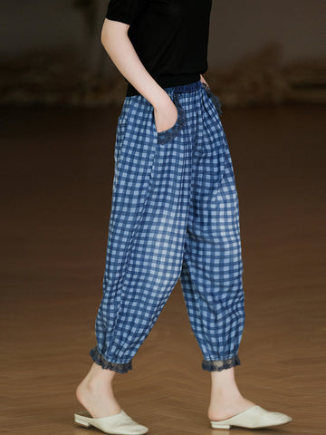 Women Retro Plaid Embroidery Spliced Lacework Harem Pants
