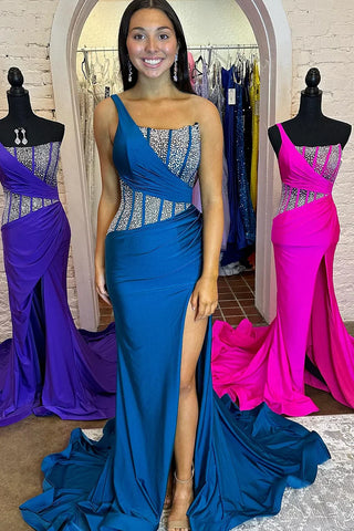 Blue Mermaid One Shoulder Long Prom Dresses with Beaded