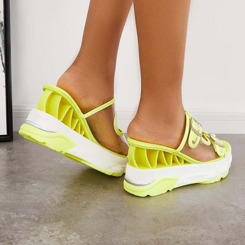 Clear Slip On Wedge Sandals Double Buckle Slide Slippers