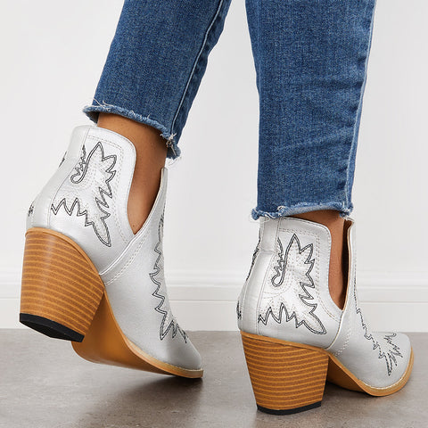 Western Ankle Cowgirl Boots Slip on Cutout Chunky Heel Booties