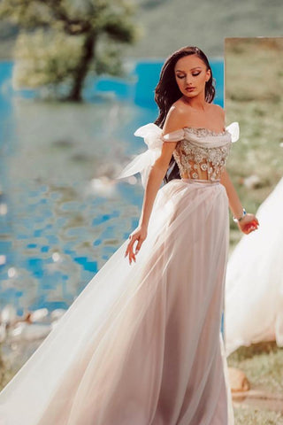 Off-the-Shoulder Champagne Wedding Dress Tulle Long On Sale
