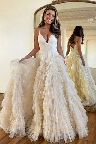 A Line Spaghetti Straps Pink Long Prom Dress with Ruffles