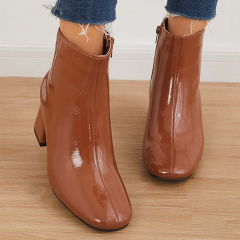 Patent Leather Block Heel Ankle Booties Square Toe Side Zipper Boots