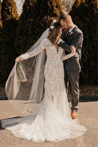 BMbridal Long Sleeves Mermaid Wedding Dress Boho Lace Bridal Gowns