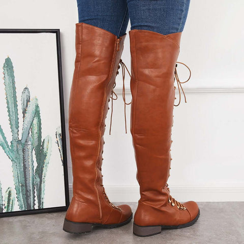 Chunky Heel Lace Up Over The Knee Thing High Riding Boots