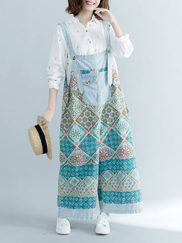Women Ethnic Print Pocket Button Loose Wide-leg Jumpsuits