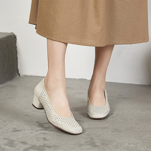 Summer Solid Hollow Leather Heel Casual Shoes