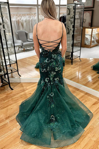 Luxurious Mermaid Spaghetti Straps Dark Green Long Prom Dress with Appliques