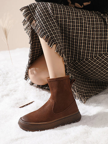 Women Vintage Leather Spliced Flat Ankle Boots