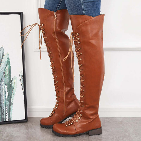 Chunky Heel Lace Up Over The Knee Thing High Riding Boots