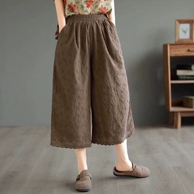 Summer Loose Retro Embroidery Trim Wide Leg Pants